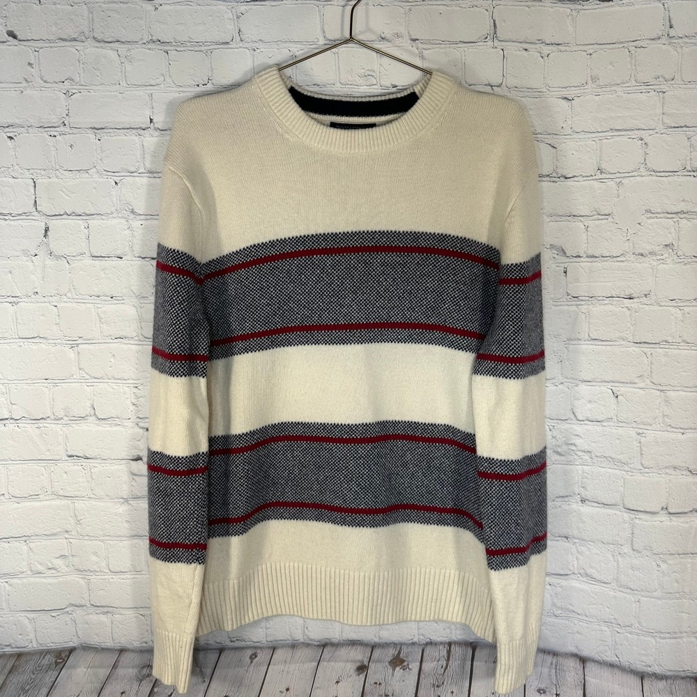 Banana Republic Mens Birdseye Striped Wool Blend Sweater Cream Navy Red L